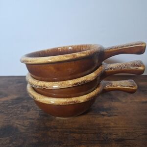 Vintage Hull Pottery USA Oven Proof Brown Drip Small Handled Chili Bowl 3pcs Set